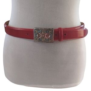 Vintage Sandy Duftler Red Leather Belt with Floral Metal Rhinestone Buckle